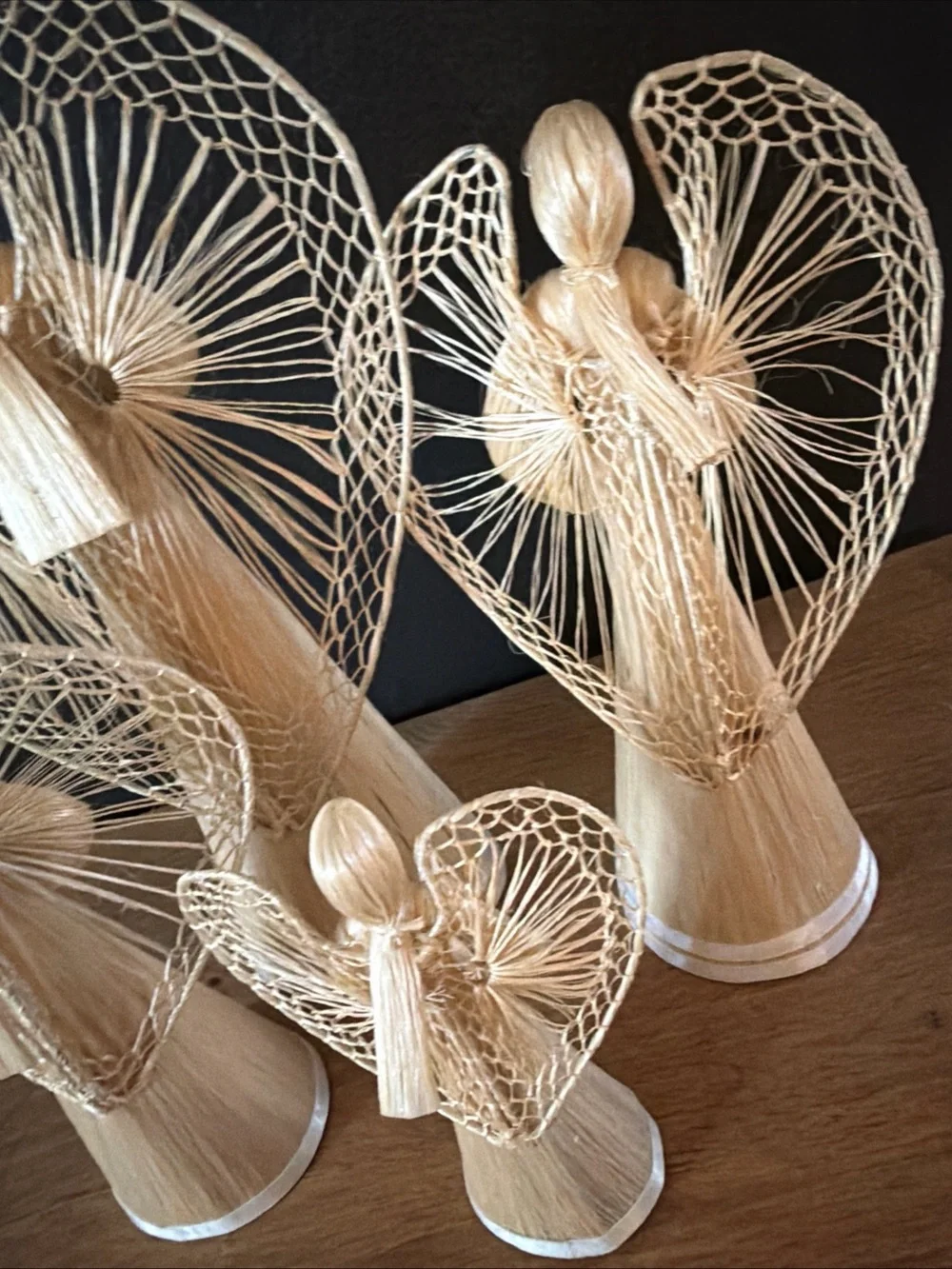 Vintage Set of 4 Abaca Straw Angel Christmas Tree Topper Rustic Country Cottage